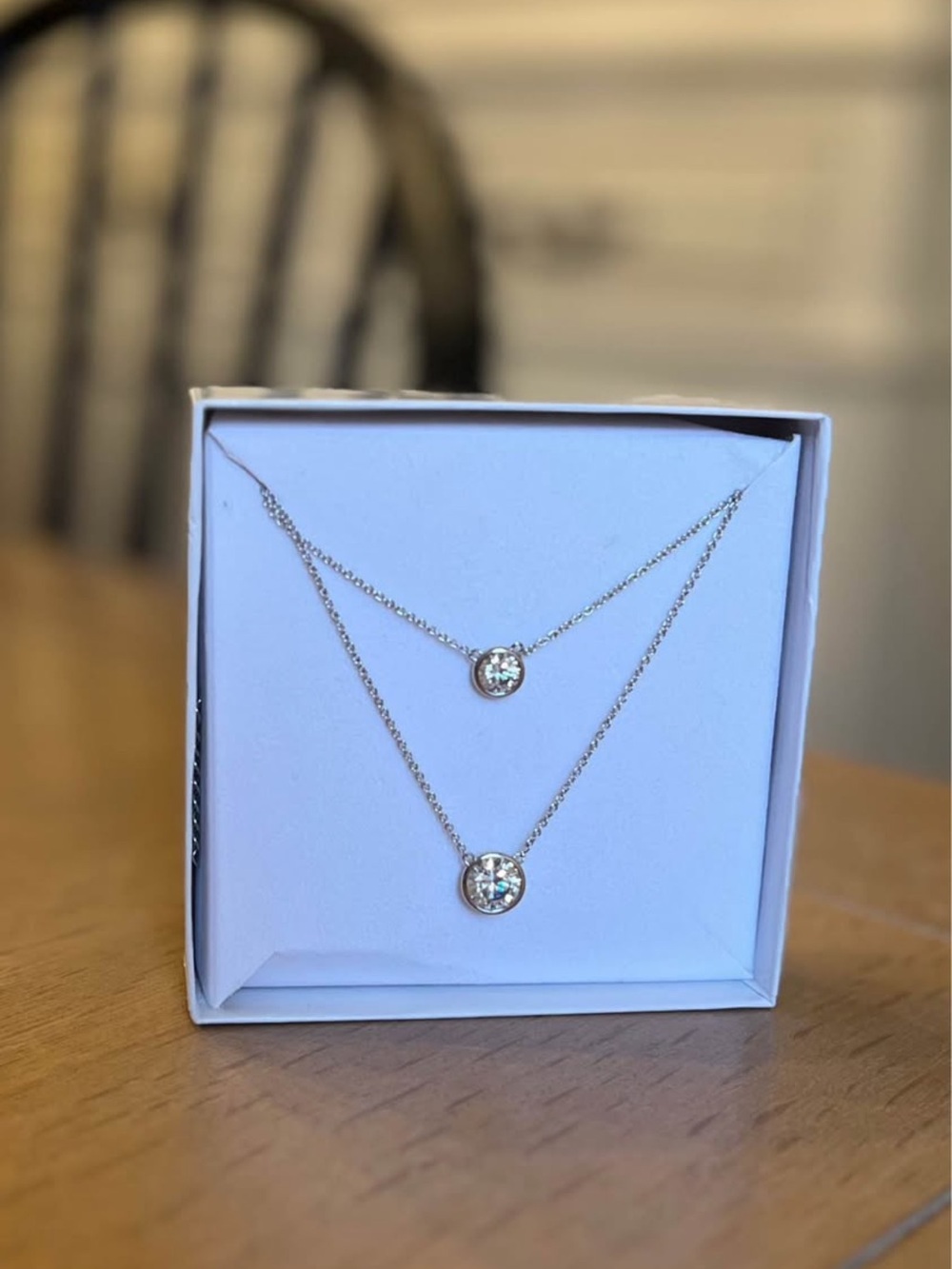 Macy’s Dainty Double-Layer Silver Necklace with Clear Crystal Pendants